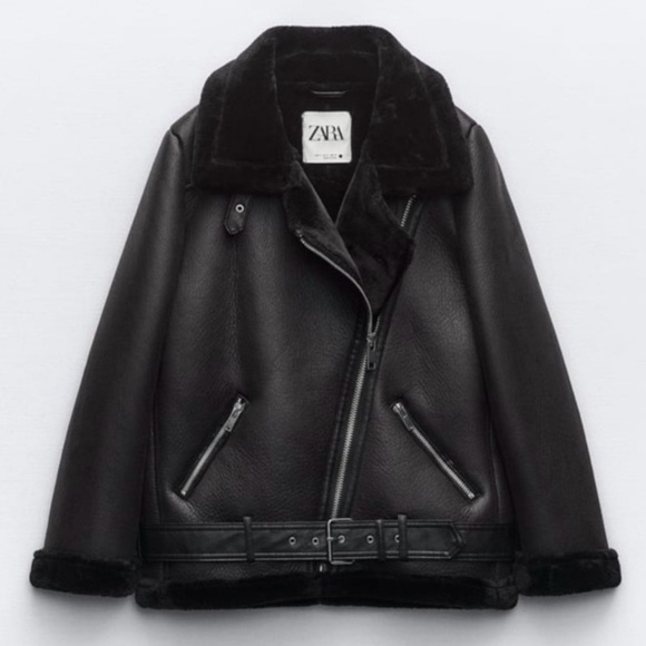 ZARA Black Faux Leather Fur Funnel Neck Moto Aviator Jacket Coat - Picture 5 of 16